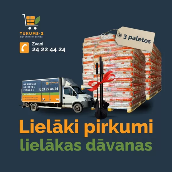 Pērc 3 paletes, dāvanā krāsns piederumu komplekts un piegāde 30 km rādiusā bez maksas.